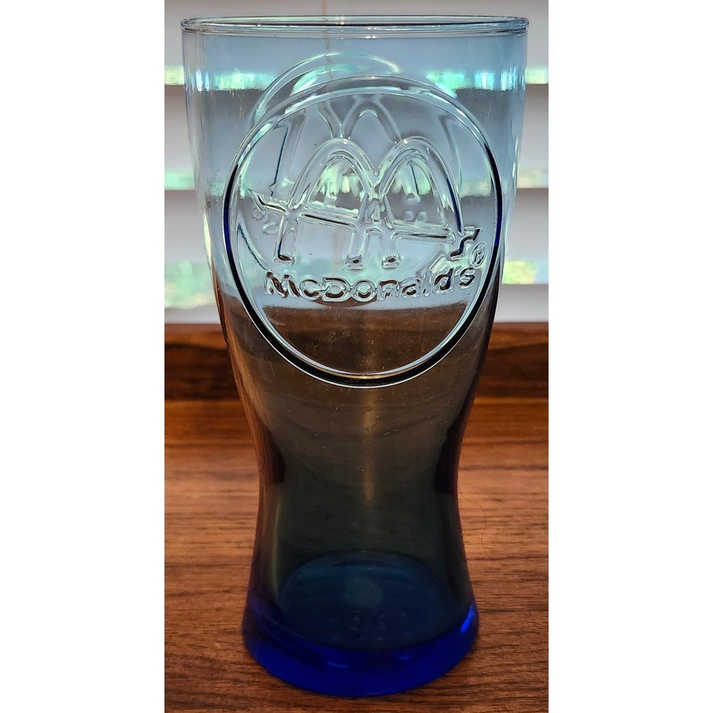 McDonalds Blue Embossed Golden Arches Logo Glass Tumbler Collectible